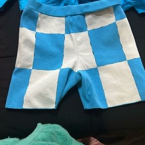 2 piece blue and cream outfit